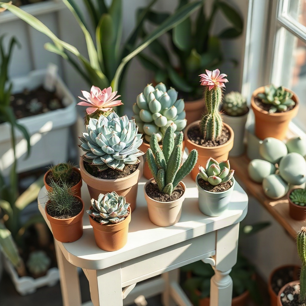 Staggered pots of succulents on a nursery table