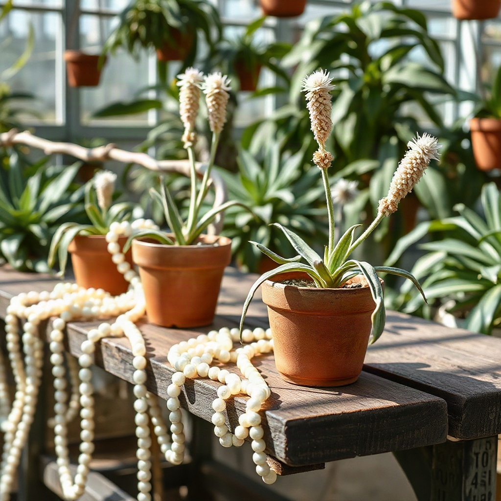 Trailing succulents on a greenhouse bench