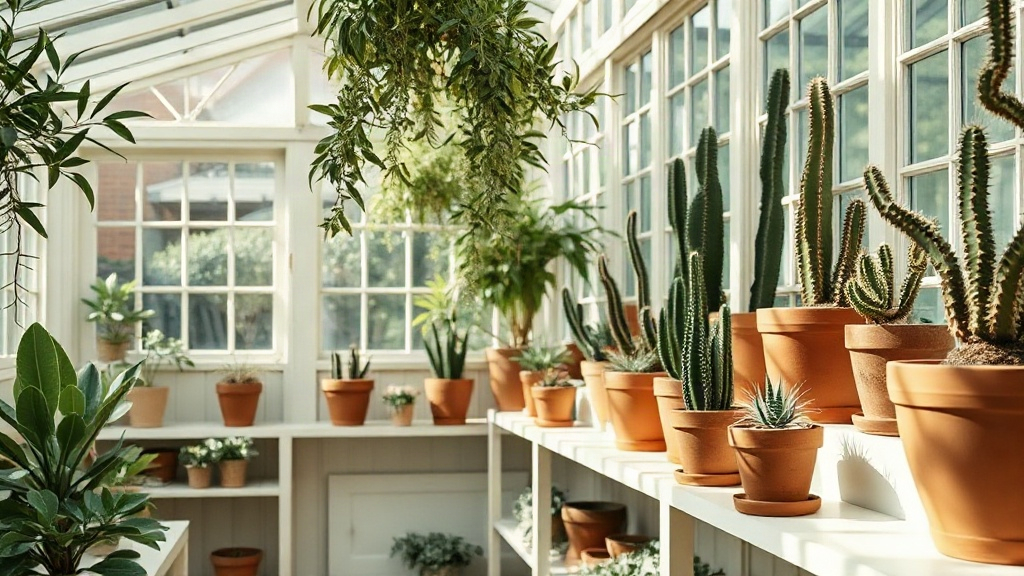 Sunlit greenhouse with cactus pots on cream shelves