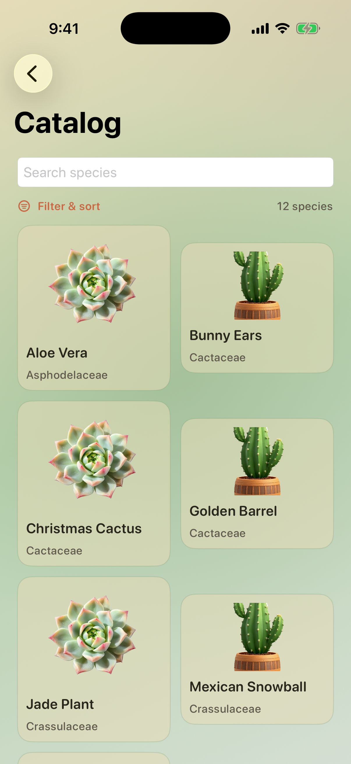 Species catalog screen